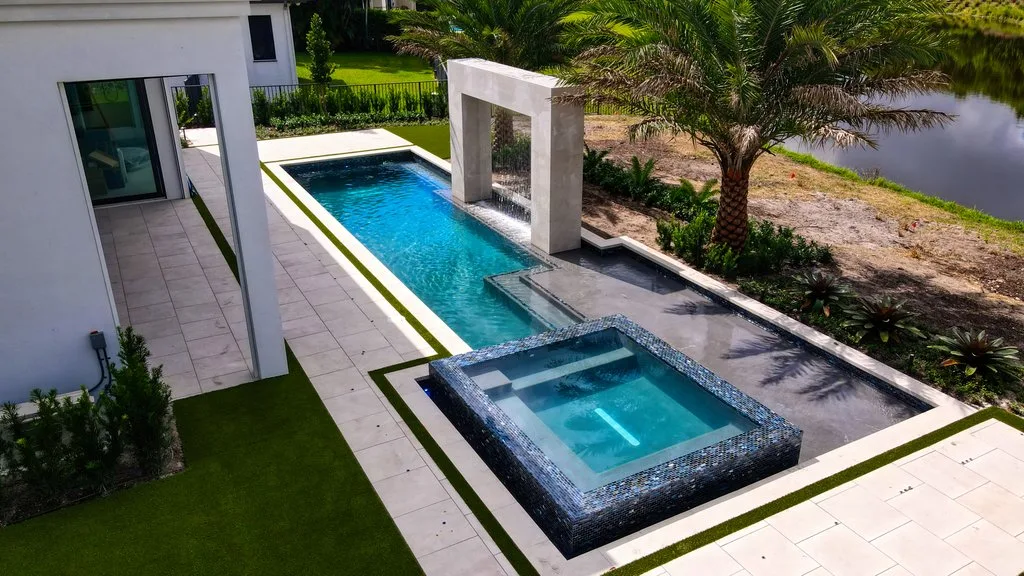 Aerial view of Foxborough Oasis, custom pool and spa in Boca Raton, FL