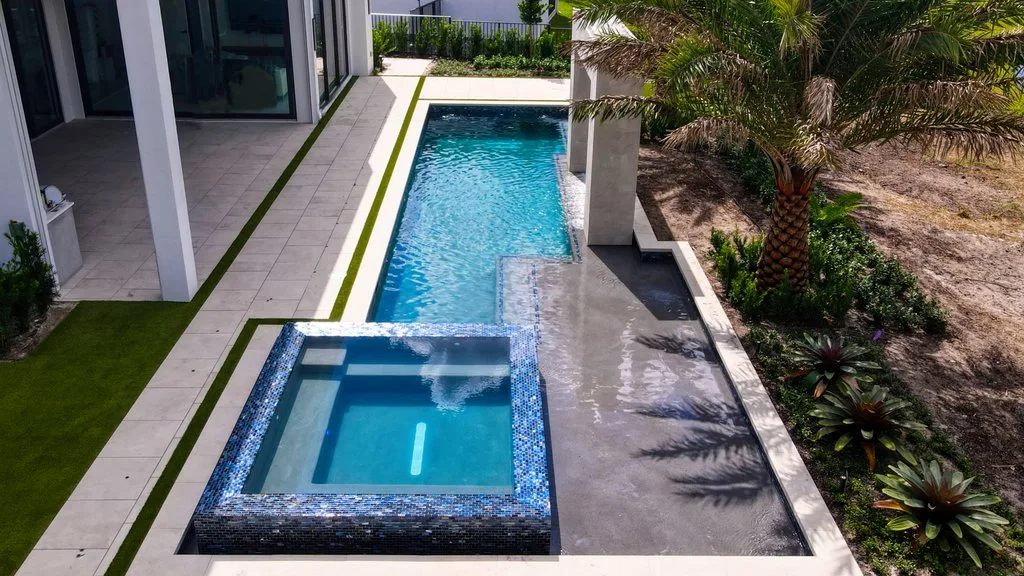 Aerial view of backyard pool layout, custom pool and spa in Boca Raton, FL